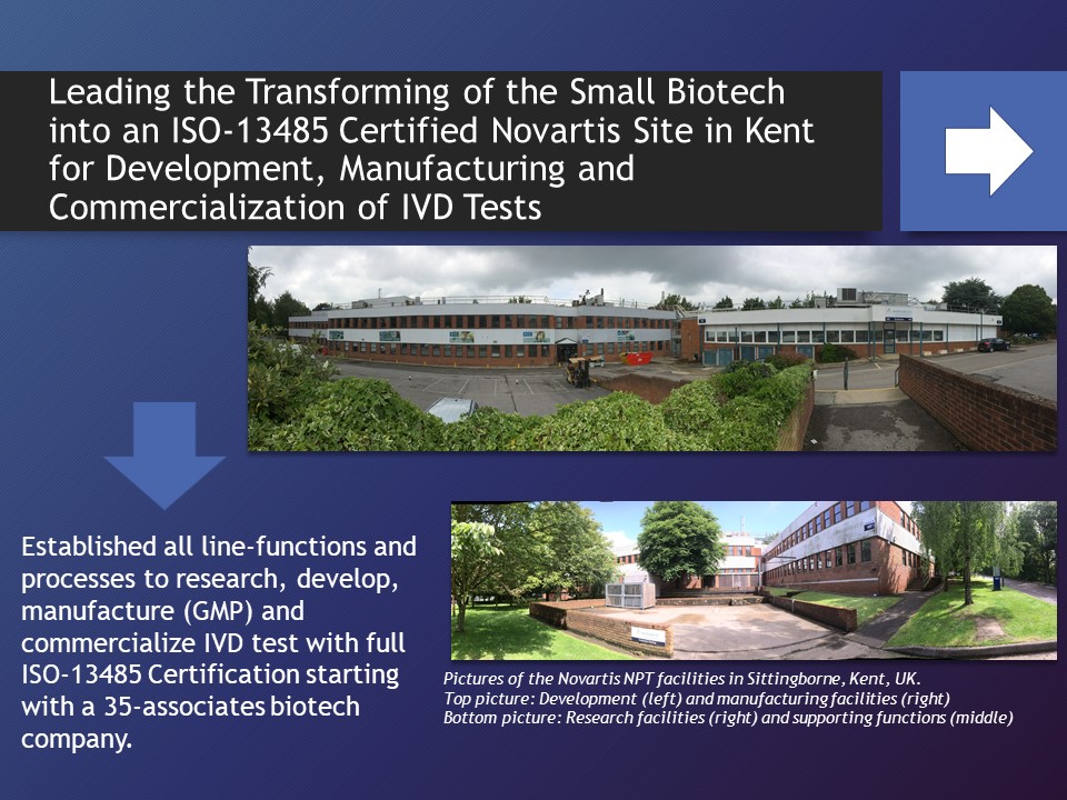 Leading the Transforming of the Small Biotech into an ISO-13485 Certified Novartis Site in Kent for Development, Manufacturing and Commercialization of IVD Tests 
